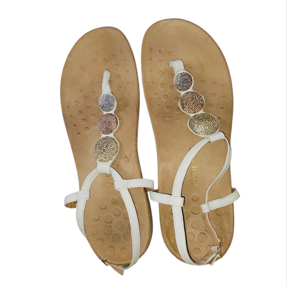 Vionic White T-Strap Sandals with Metallic Multi-Tone Accents
